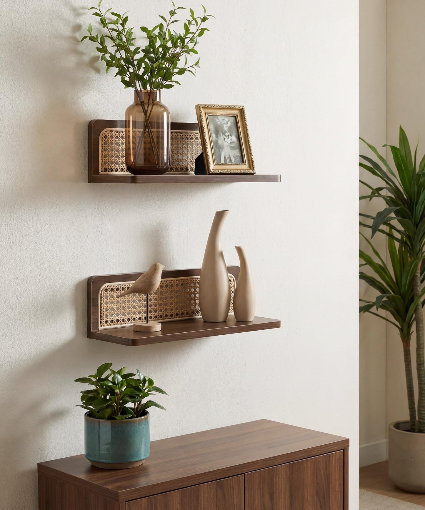 Mazjoaru Rattan Wall Shelf Mid Century Modern Decor Floating Shelves Walnut Boho Wall Decor Decorative Shelving Home Decor Living Room Bedroom Coffee Bar Bathroom Plant Photo 16inch