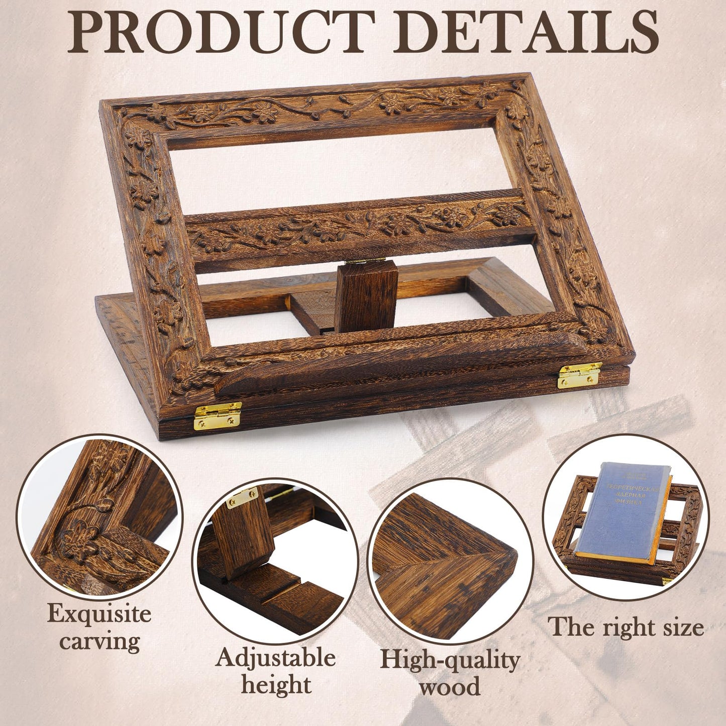 DoubleFill Adjustable Wooden Bible Stand Carved Bible Holder Missal Stand Book Display for Reading Folding Religious Prayer Wooden Holy Book Holder 12.99 x 10.04 Inches(Dark Brown)