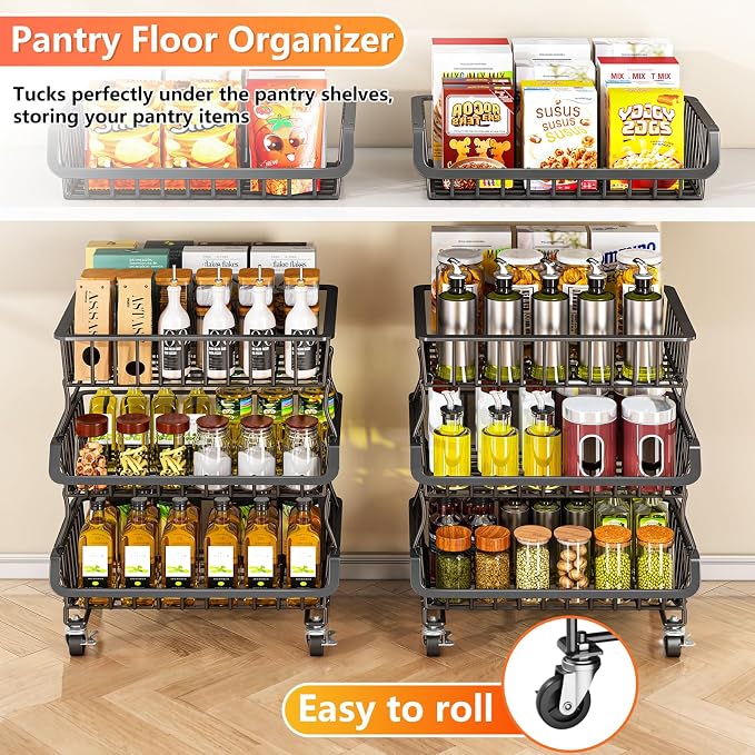 Gsiekare 3-Tier Rolling Pantry Organizer and Storage Cart with Wheels – Stackable Wire Snack Cart for Kitchen, Pantry Shelves and Storage Rack for Fruit, Vegetables, Onion, Potato (1 Pack)