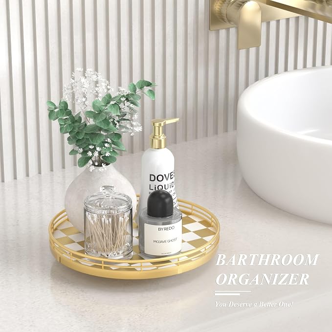 Gold Decorative Vanity Tray, 10 Inch Rotating Lazy Susan Perfume Tray with Metal Rail, Checkerboard Wood Organizer for Bathroom Counter, Dresser, Skincare, Jewelry and Makeup Display
