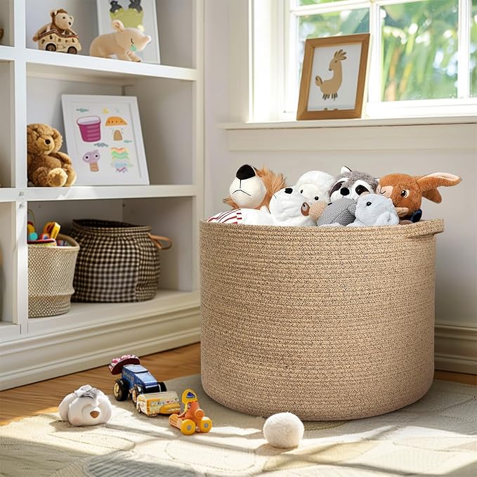 MEGASKET 115L Wicker Storage Basket, 23.6"x15.7" Woven Cotton Rope Basket, Giant Kids Dog Toy Bin Organizer, XXXL Blanket Pillow Holder for Living Room, Brown Variegated Wicker Baskets for Organizing