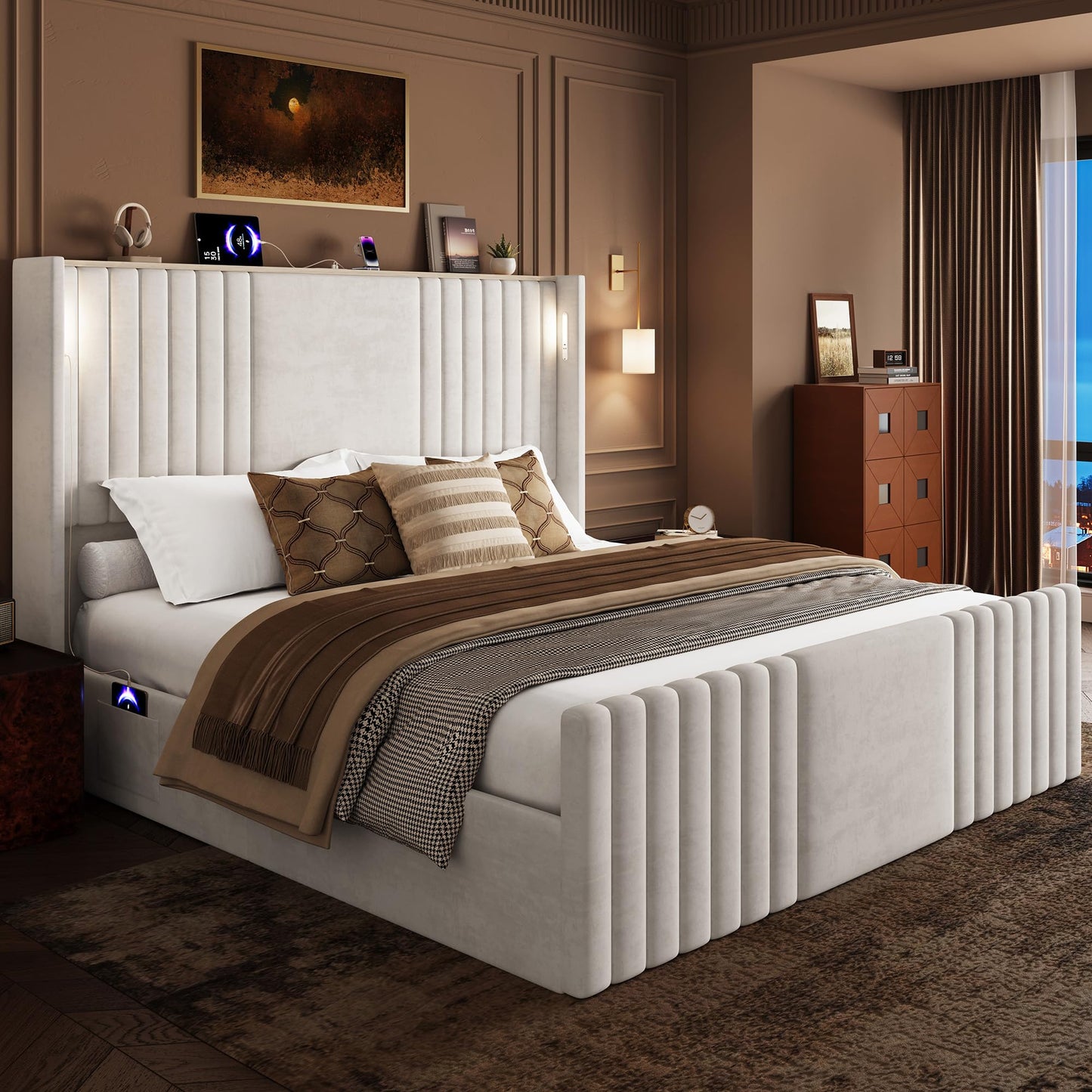 Uteeran King Size Bed Frame with 55.1" Tall Headboard, Velvet Upholstered Platform Bed with Channel Tufted Wingback, 2 Reading Lights/Storage Shelf/Charging Station/Easy Assembly/Noise-Free, Cream