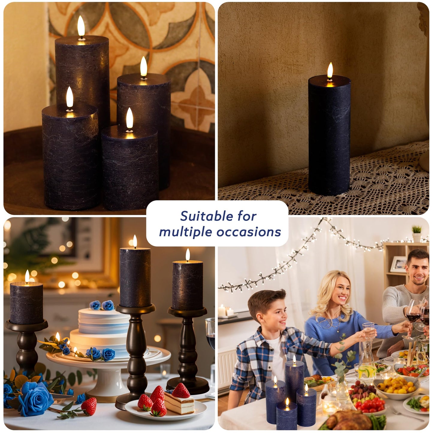 AFINETH Navy Blue Flameless Candles, Real Wax Battery Operated Candles with Remote, Flat Top Flickering LED Pillar Candles for Home Party Wedding Holiday Decor, Set of 3 (H 4" 5" 6" x D3)