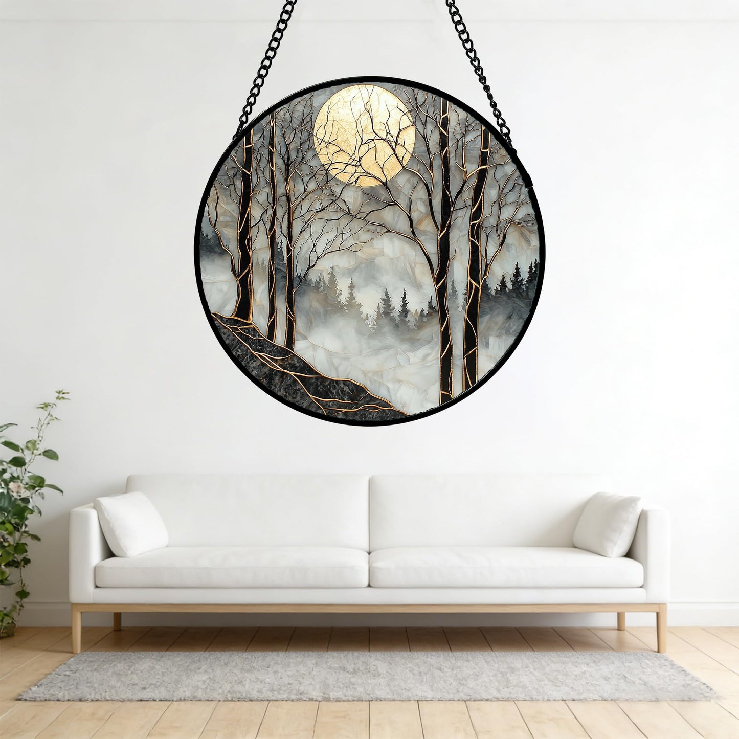 AMDERVEN Stained Glass Window Hanging - Black and White Gold Moon Forest Sun Catcher for Door Home Decor Suncatcher Christmas Mother's Day Birthday Gifts for Women Men Lovers Mom Nana 11.8 in