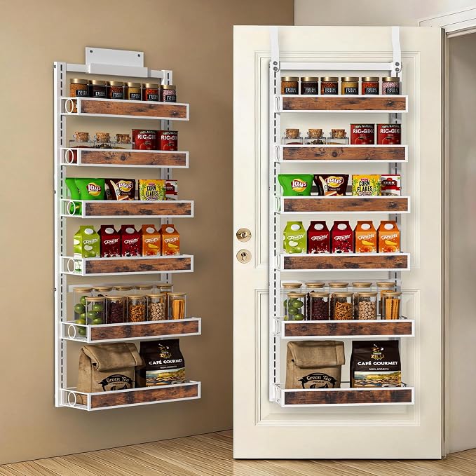 6 Tier Over The Door Pantry Orangizer 2 IN 1 Wall Mounted or Hanging Spice Rack with Adjustable Wood Basket,Heavy Duty Seasoning Storage Shelf for Kitchen Pantry and Bathroom