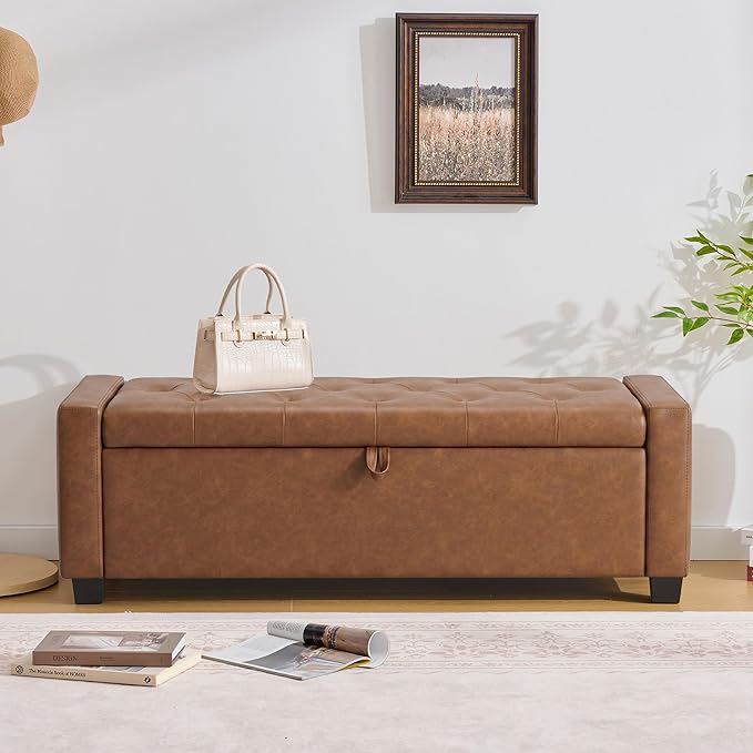 Huatean Home 48" Ottoman with Storage, Storage Ottoman Bench with Safety Hinge, Upholstered Entryway Bench with Seating for Bedroom, Living Room, Holds up to 330 lb, Brown