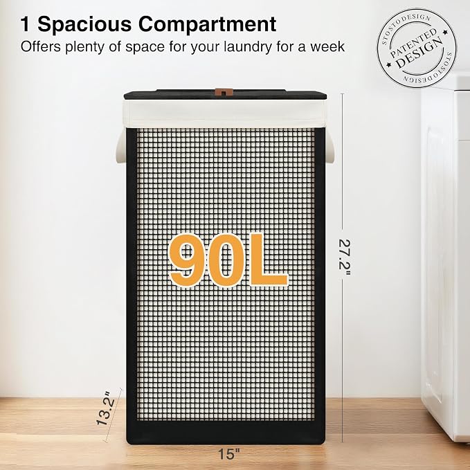 STO STO Laundry Hamper with Lid, 90L Large 1 Section Laundry Sorter, Laundry Basket with Removable Washable Canvas Liner Bag, Breathable Clothes Hamper for Bedroom Bathroom Laundry Room Closet Dorm