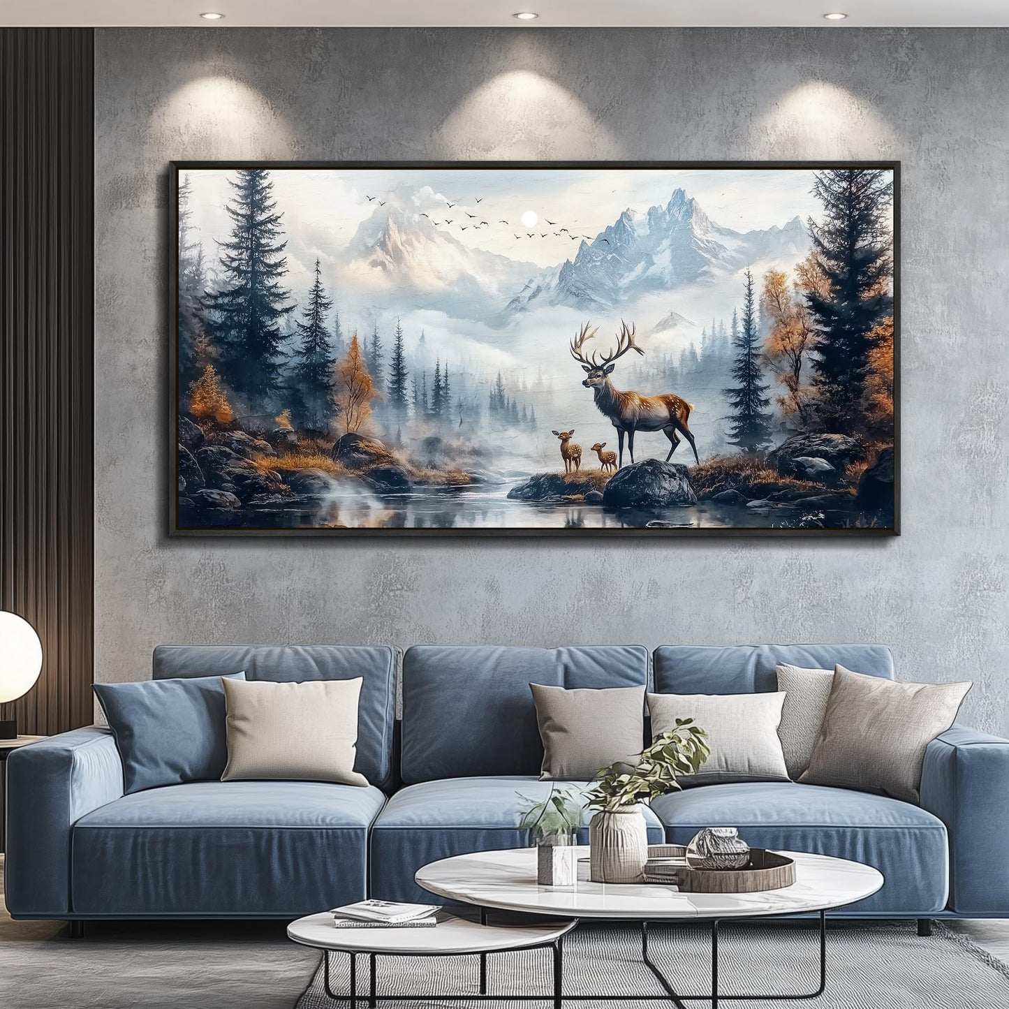 KELIYUAN Canvas Wall Art For Living Room Black Framed Wall Decor For Bedroom Office Prints Pictures Elk Foggy Mountain Landscape Painting Scenery Stretched and Framed Wall Art Home decor 20"X40"