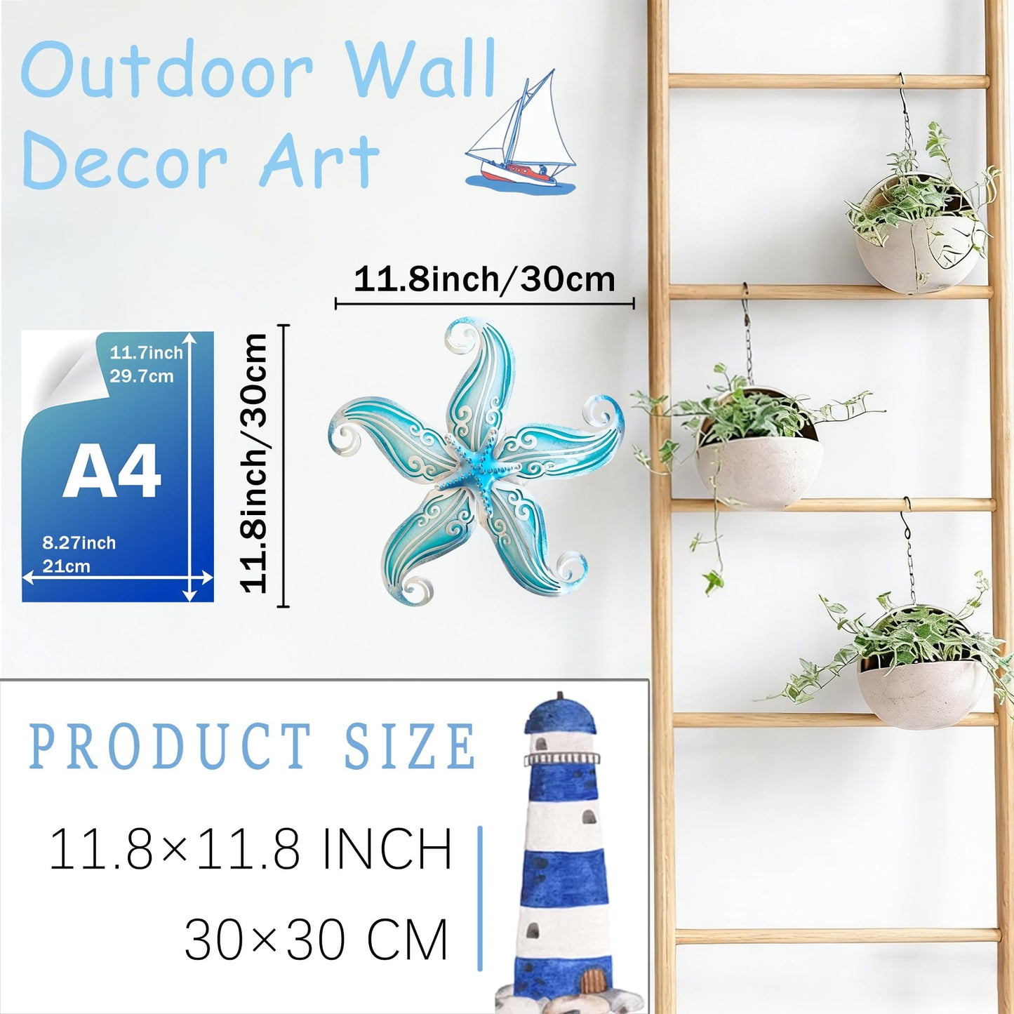 POXOHO Starfish Coastal Wall Decor Art, Starfish Beach Theme Bathroom Decor for Bedroom House Home, 12" Hanging Glass Sculpture, Beach Wall Art Ocean Gifts for Women & Men (Sky Blue)