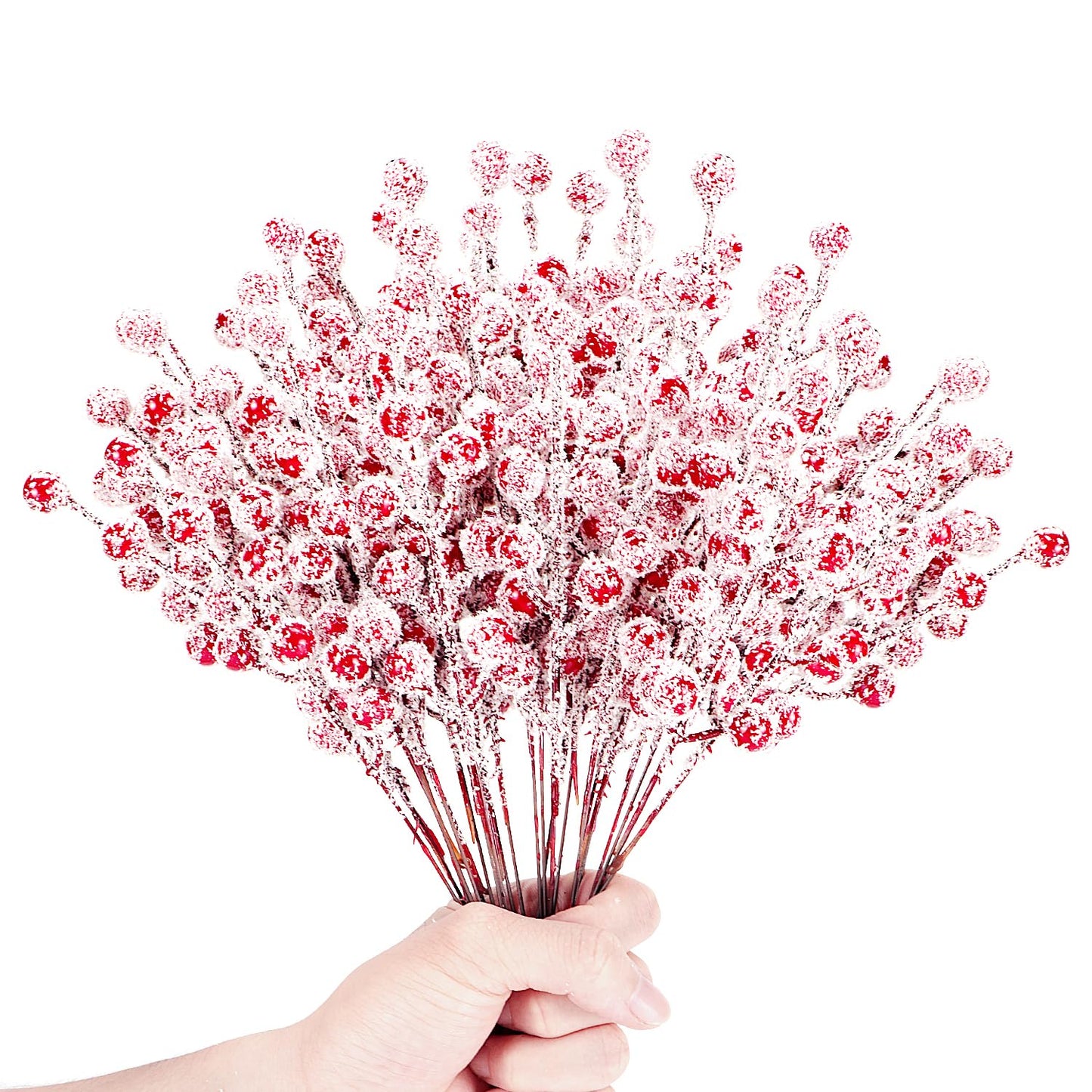 24Pcs Artificial Berry Picks Snow Sprays Christmas Frosted Holly Berry Stems Twigs Winter Branches for Christmas Tree Fillers Decor Holiday Arrangement Wreaths Garland Crafts DIY Ornaments (Red)