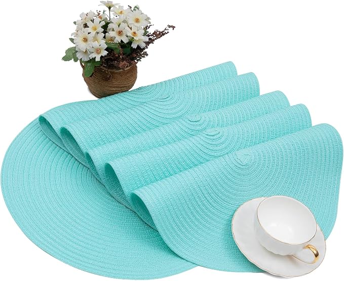 SHACOS Round Placemats Set of 4 Washable 15 inch Round Table Mats Cotton Polyester Woven Braided Place Mats for Dining Table Wedding Party Decor (Aqua, 4)