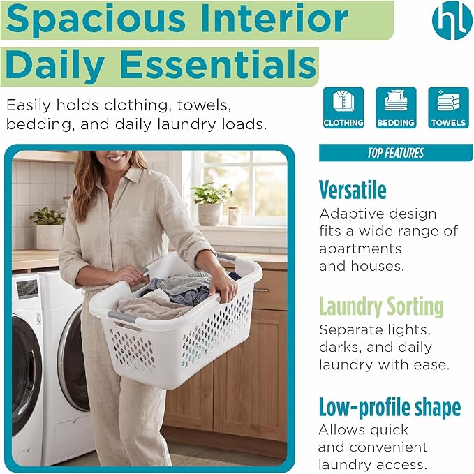 Home Logic 1.5 Bushel Plastic Laundry Basket Front Load, Large Laundry Hamper with Handles, Ventilated Clothes Organizer for Bedroom Bathroom Closet, 2 Pack, White