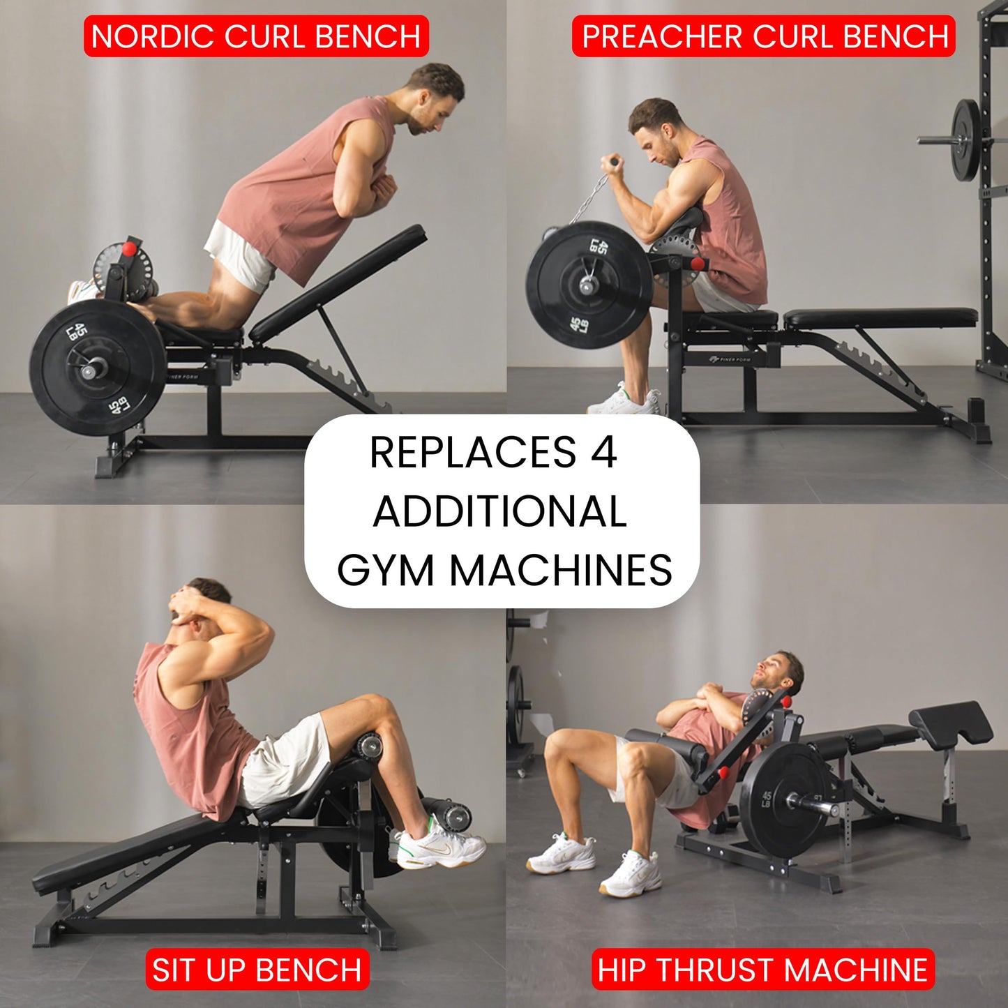 Finer Form GLX Adjustable Weight Bench with Leg Extension and Curl Machine, Total Body Bench for Home Gym, Great for Bench Press, Sit Ups, Preacher Curl, Hip Thrusts and Other Plate-Loaded Exercises