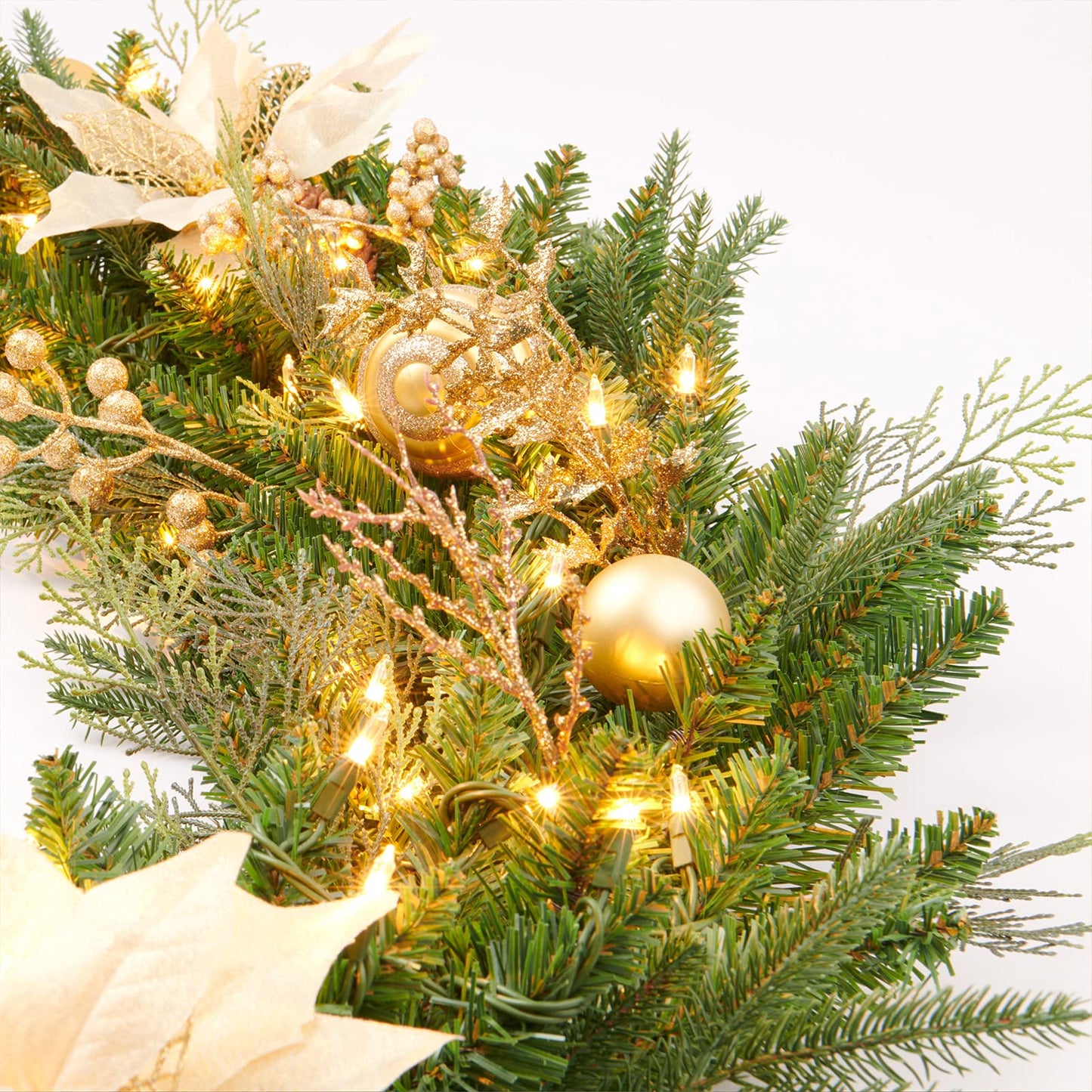 AMERZEST 9Ft Christmas Garland Prelit with Gold Berries and Balls,Flower and 50 Lights Plug in,Holiday Decoration Fireplace Stairs Mantle Door Indoor Outdoor