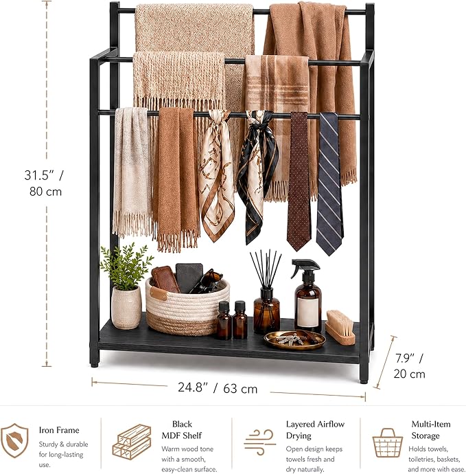 24.8" W Freestanding Towel Rack, 3 Tier Blanket Ladder Stand with Black Wooden Shelf for Bathroom Living Room