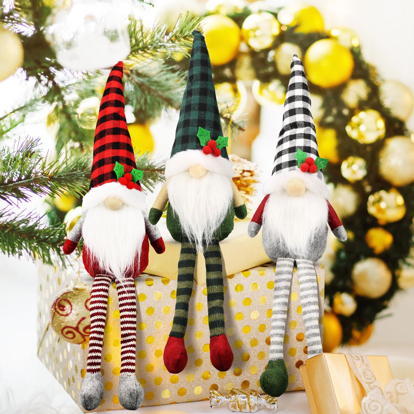 Teeker 3Pcs Christmas Gnomes Plush - Xmas Gnomes Santa Scandinavian Tomte Ornaments - Buffalo Check Plaid Christmas Doll - Xmas Decorations for Home, Office, Indoor for Women, Gnomes Lovers