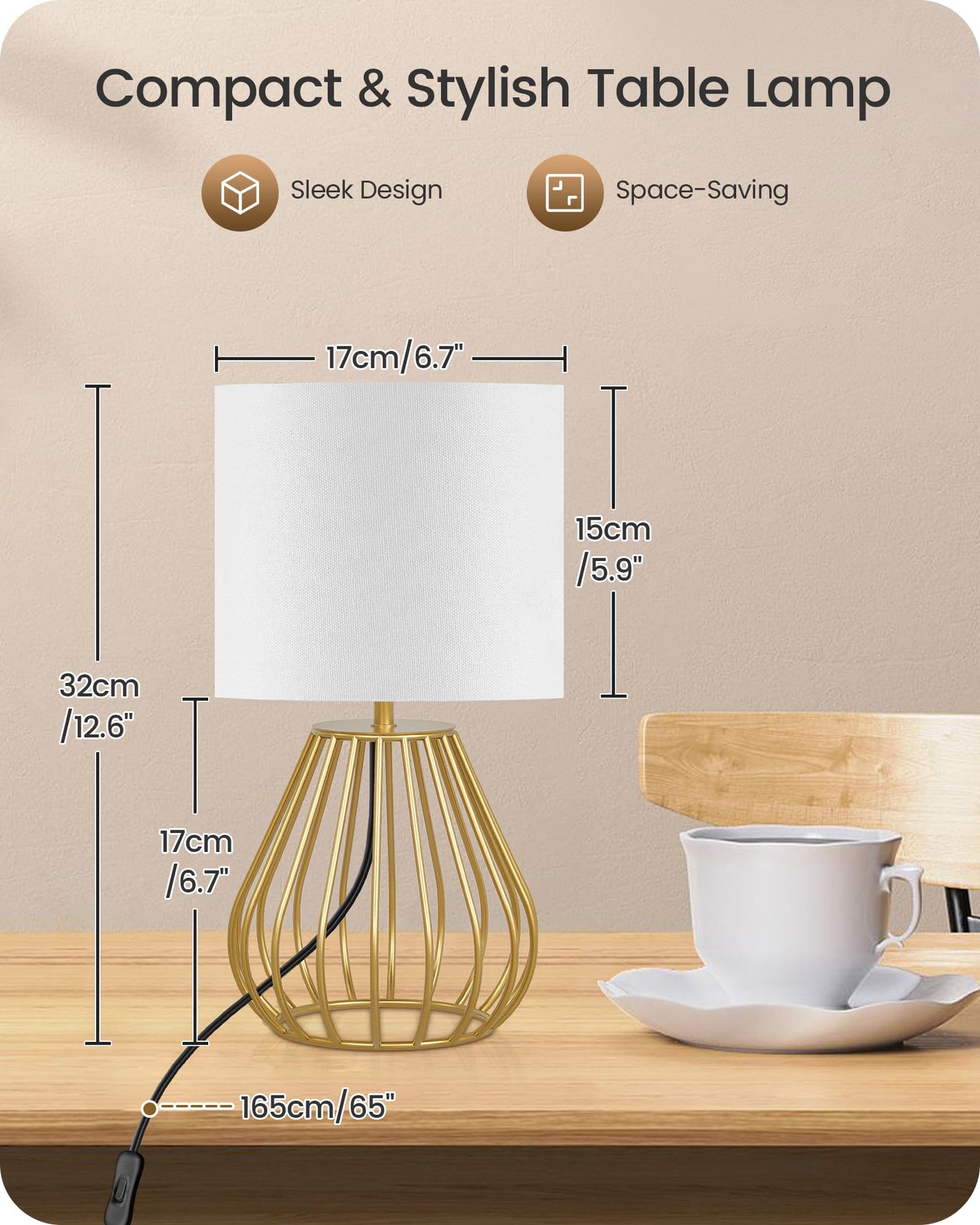 GOEBLESON Gold Table Lamp, Small Gold Bedside Lamp with Metal Base & White Linen Lampshade, Modern Nightstand Lamp, Little Cute Desk Lamp for Bedroom, Living Room, 2700K LED Bulb Included, DCW06TL05