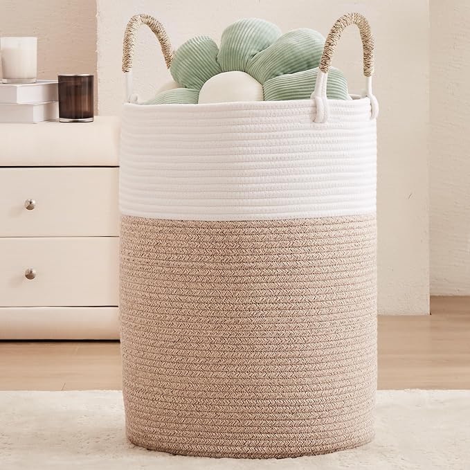 80L Extra Large Laundry Hamper Basket Tall Woven Rope Clothes Hamper Blanket Basket for Living Room Bathroom Bedroom Brown 16"L x 16"W x 22"H