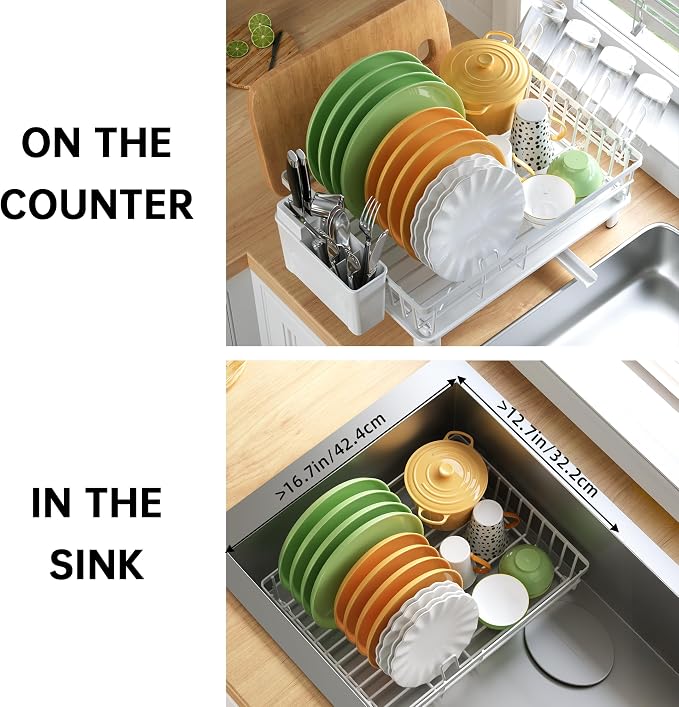 Dish Drying Rack, Dish Racks for Kitchen Counter, Detachable Dish Drainer with Drainboard, Utensil Holder, Cup Holder, Space Saving Kitchen Drying Rack for Small Home and Appartment, White