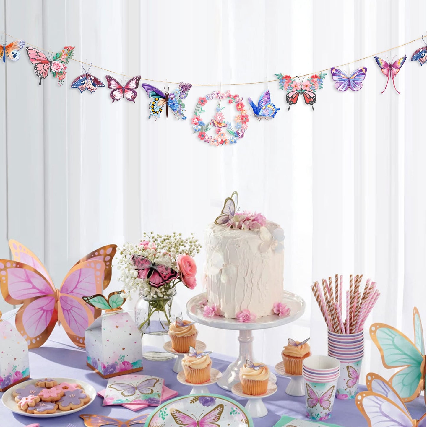 16Pcs Butterfly Ornaments Floral Flower and Butterflies Wreath Acrylic Hanging Tree Ornament Pendant Garland Banner for Spring Summer Wedding Bridal Shower Baby Shower Tea Party Nursery Decorations