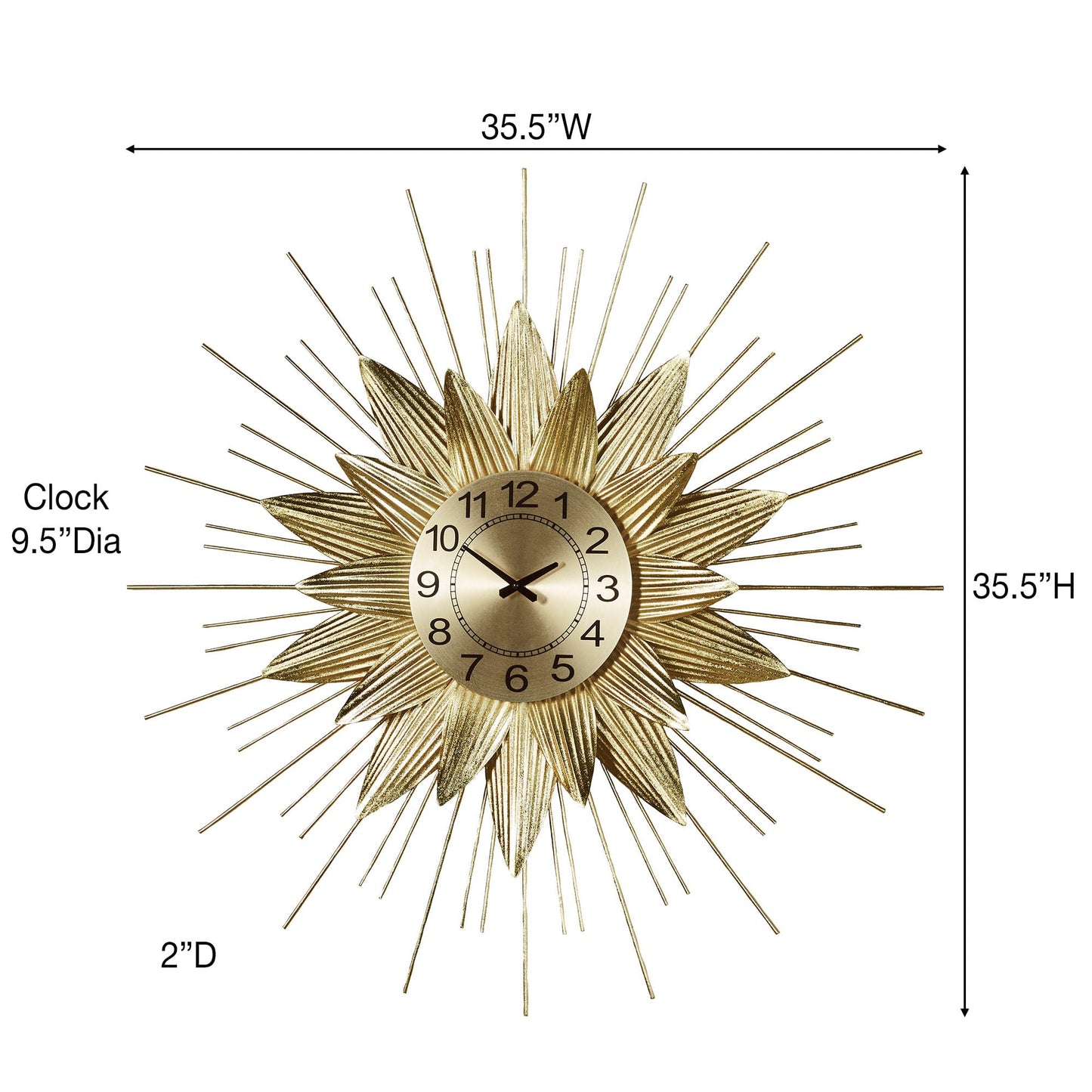 Radiant Burst Multi-Layered Wall Clock | Metallic Gold Foil Finish | Center Quartz Movement Wall Clock with Bold Numerals | Radiating Abstract Sunburst or Flower-Like Shape With Layered Rods & Petals