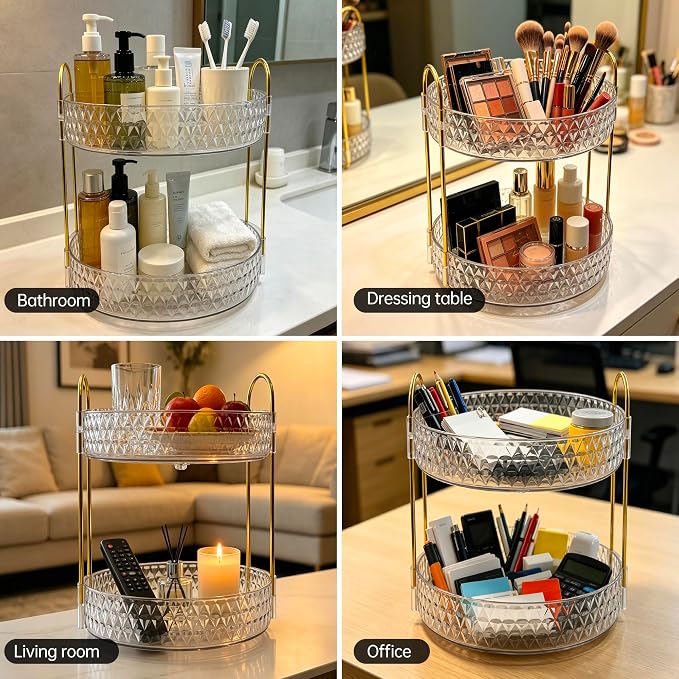 360° Rotating Acrylic Storage Rack, 2-Tier Large Capacity Makeup Organizer for Bathroom Countertop & Vanity, Clear Cosmetic Holder for Skincare, Perfume & Beauty Essentials