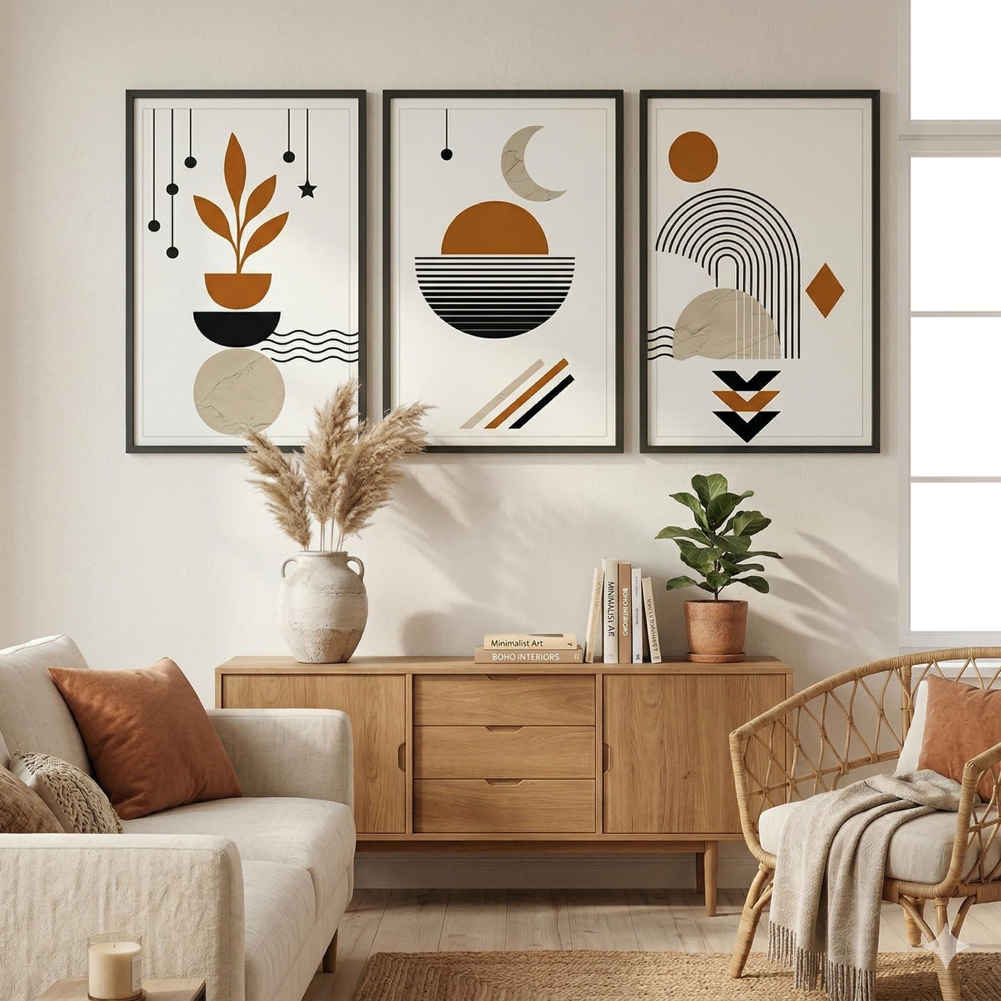 Throwback Traits Boho Abstract Wall Art Set of 3 Framed Prints 20x30, Celestial Moon Botanical Living Room Decor, Terracotta Earth Tones Gallery Wall Set, Ready to Hang