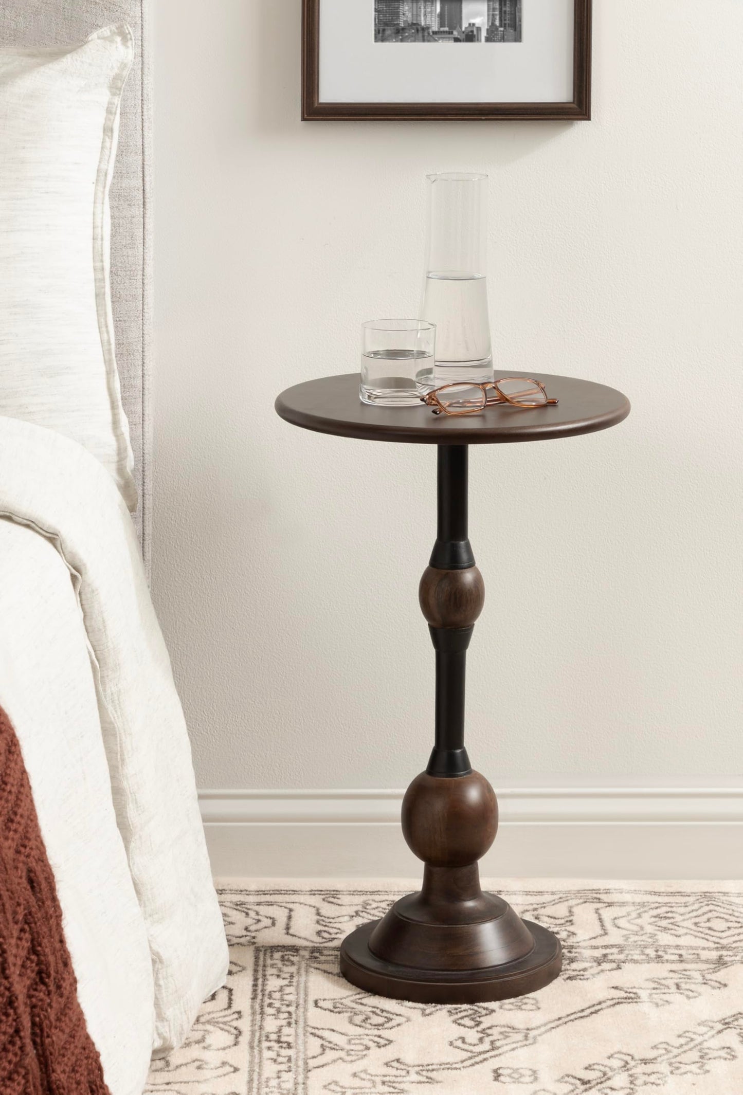 Kate and Laurel Rawlings Traditional Wood and Metal Round Side Table, 14 x 24, Dark Brown and Black, Vintage Pedestal Table for Use as Living Room End Table, Plant Stand, or Bedroom Nightstand