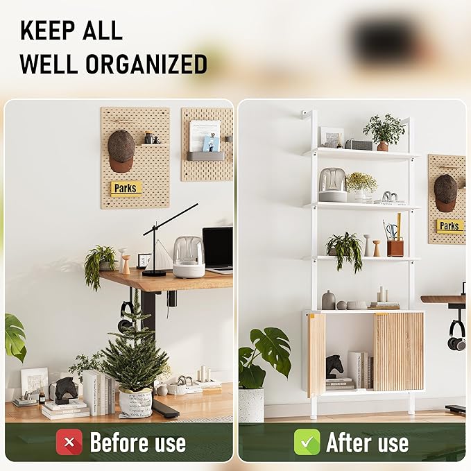 INNOD 74" Tall Bookshelf with Storage Cabinet, Modern Ladder Shelf with Wood and Metal Frame, Wall Mount Bookcase Open Display Shelf Furniture for Living Room, Bedroom, Home Office, White and Oak