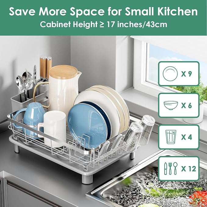 MOUKABAL Dish Drying Rack, Dish Rack, Stainless Steel Dish Racks for Kitchen Counter, Dish Drainer with Removable Utensil Holder, Drainboard (Grey,Stainless Steel,13''W x 17''L)