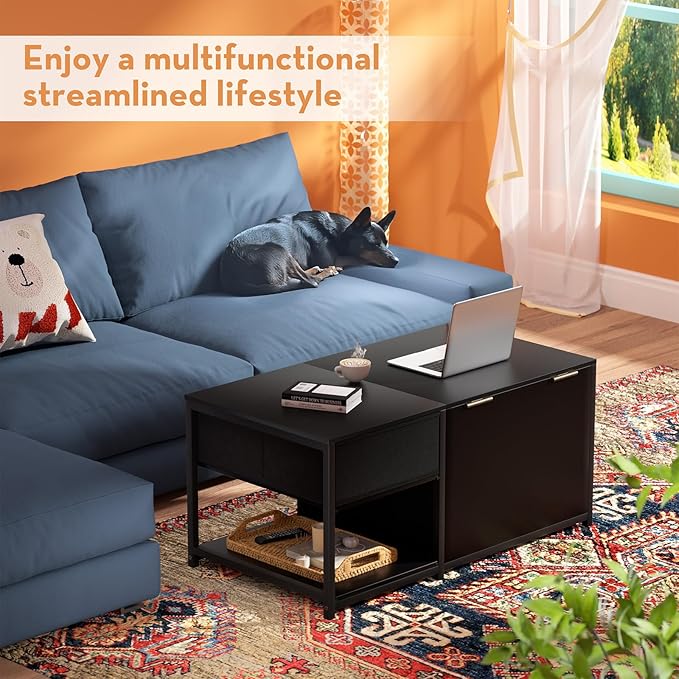 SINPAID Coffee Table with Storage, Rectangular Coffee Tables for Living Room, Modern Coffee Table with Hidden Storage Compartment and Adjustable Shelves, Black