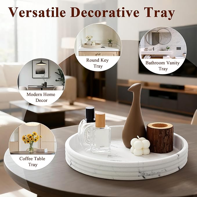 YMXYJM Round Decorative Tray - Modern Coffee Table Tray Decor, Resin Home Decor for Living Room & Bedroom. Multi-Functional Coffee Table Centerpiece with Anti-Slip Pads - 11x1.5 Inch Key Trays - White