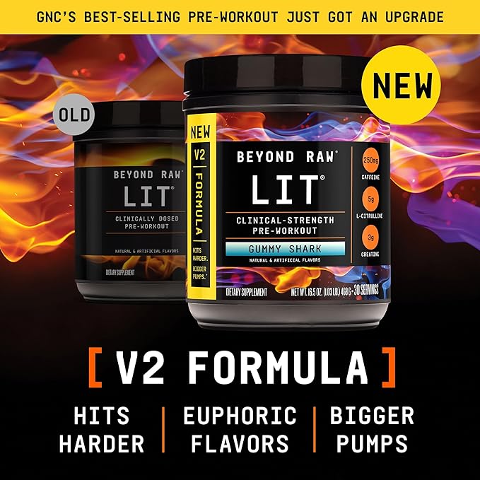 BEYOND RAW LIT V2 Clinical Strength Pre Workout Powder, Hits Harder, Bigger Pumps, Caffeine, L-Citrulline, Creatine, Gummy Shark, 30 Servings