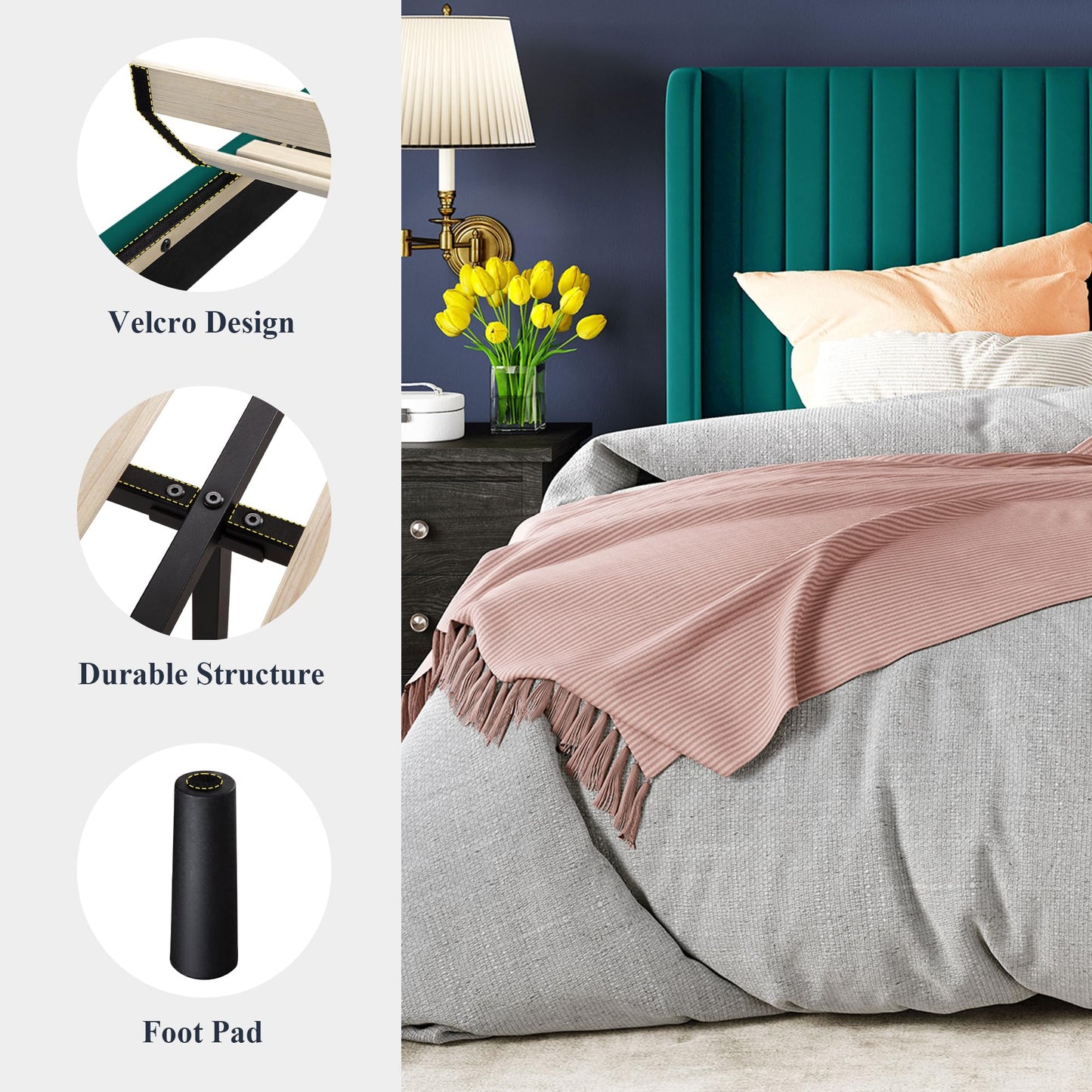 Allewie King Size Bed Frame/Velvet Upholstered Platform Bed/Vertical Channel Tufted Wingback Headboard/Strong Wooden Slats/No Box Spring Needed/Easy Assembly/Teal