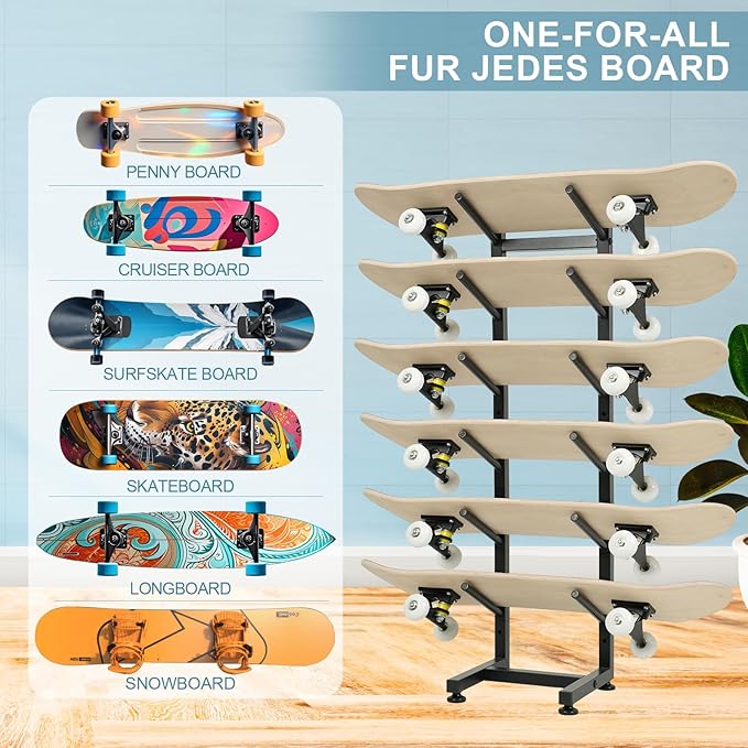 BiJun Skateboard Racks Floor Stand, 6-Layer Skateboard Wall Mount,Snowboard Storage Rack, Skateboard Organizer Floor Stand for Deck, Longboard, Snowboard, Standard Skateboards, Mini Cruiser Skateboard