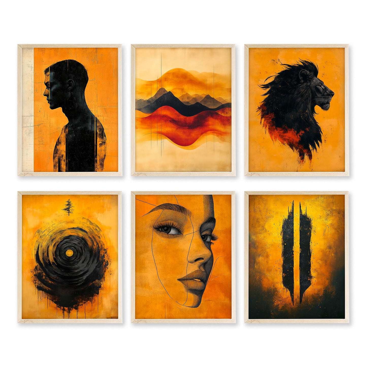 Eastern Print Set of 6 Abstract Masculine Wall Art Prints – Bold Orange & Black Lion, Silhouette, Face Line Posters – Modern Unframed 8x10 Decor for Men’s Room, Office, Man Cave or Creative Studio