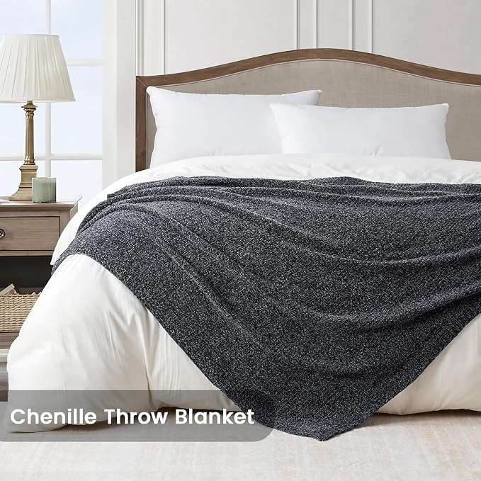 BOURINA Chenille Throw Blanket for Couch Sofa Chair Bed Home Decoration, Soft Warm Cozy Blanket for All Season（50" x 60", Grey）