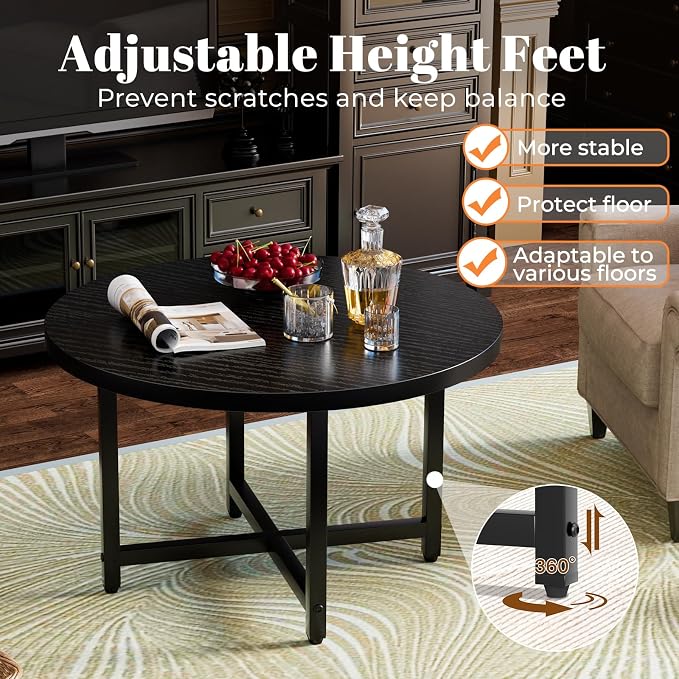 FAMIDGE Round Coffee Table, Small Coffee Tables for Living Room, Black Coffee Table with Metal Frame, Floor Table Desk for Sitting on The Floor, Home, Office, Farmhouse, Black (23.6" D x 17.7" H)