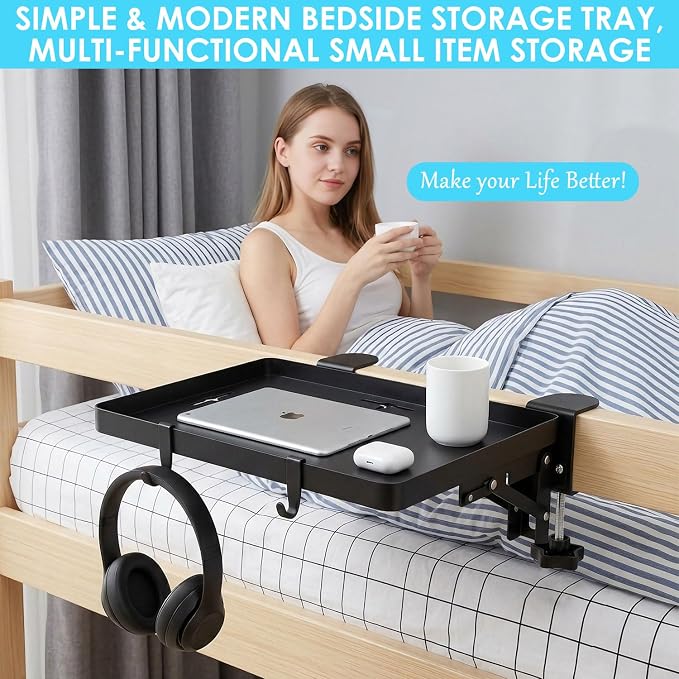 Bedside Shelf Foldable, Heavy Duty Bed Shelf for Dorm Room Bunk Bed & Top Bunk, Metal Clip-On Bedside Table Tray for College Dorm Room Essentials Loft Nightstand Organizer Tray with 3 Cord Hole