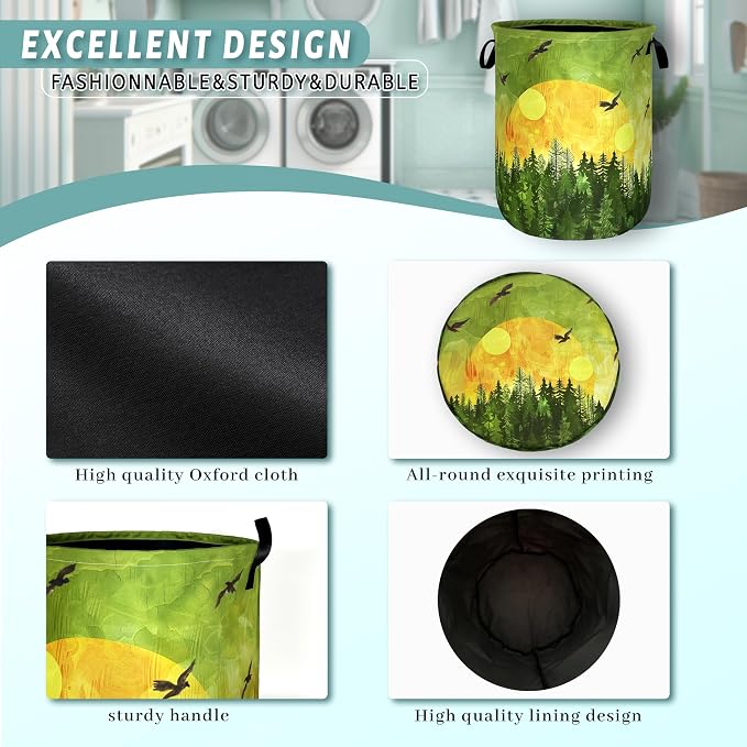 Watercolor Sunset Laundry Basket Foldable Forest Laundry Hamper Oxford Cloth Colorful Tote Bag Clothes Toy Storage Bucket For Bathroom/Laundry Storage/Bedroom 18.9 x 16.5 Inch