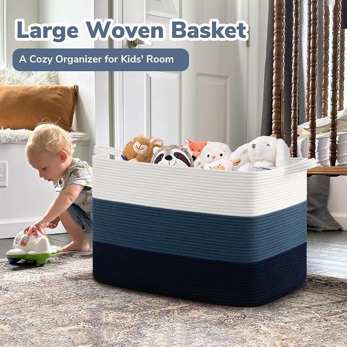 Goodpick 105L Extra Large Woven Basket 25" x 16" x 16" Cotton Rope Storage Baskets for Organizing, Rectangle Blanket Basket Living Room, Toy Storage Baskets for Kids, Blue