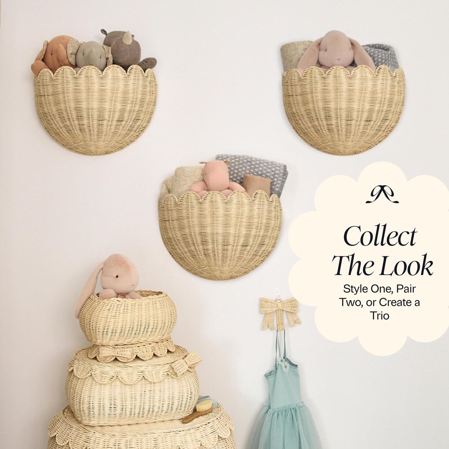 BEBE BASK Scalloped Wicker Wall Basket - The Original - Hand Woven Basket - Scalloped Décor Wall Hanging Baskets -16" x 10" x 7"In - Hanging Wall Basket (Natural)