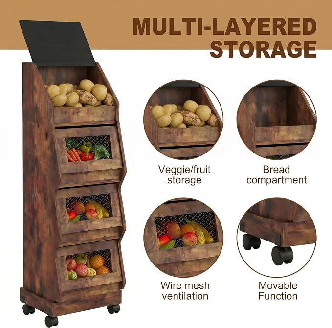 ARTETHYS Potato and Onion Storage Bin On Wheels, Movable 4 Tiers Freestanding Garlic and Onion Box Organizer, Bread and Vegetables Storage Cabinet Rack for Kitchen, Rustic