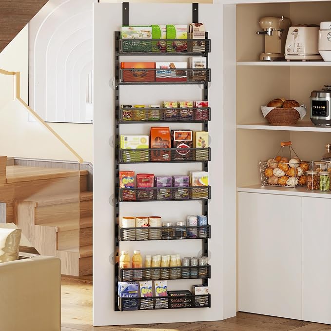 Over the Door Pantry Organizer, 8-Tier Over the Door Spice Rack with Adjustable Baskets, Wall-Mounted or Hanging Shelves for Kitchen, Laundry Room, Bathroom(Black, 16.65"W x 5.2"D x 72.6"H)