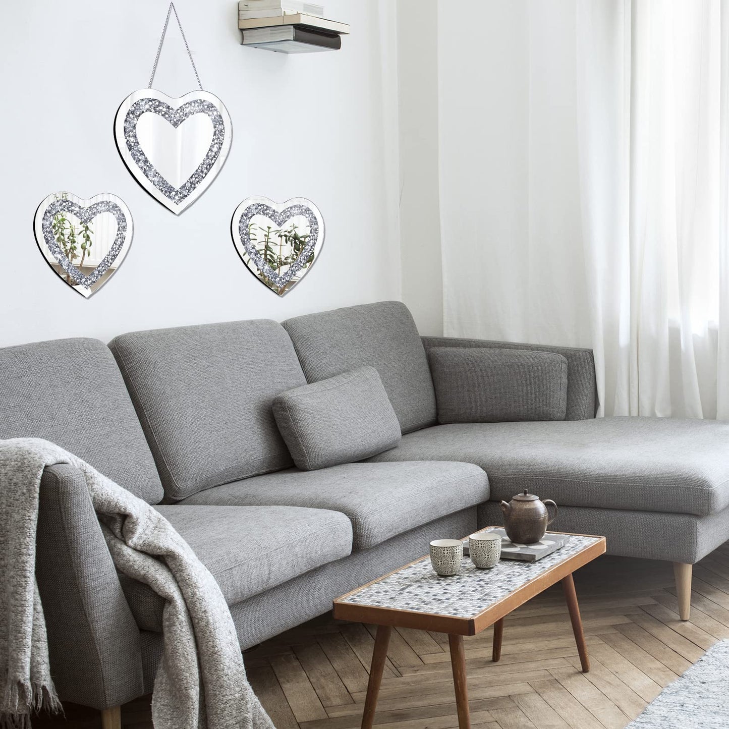 Qunclay 3 Pcs Crystal Crush Diamond Silver Mirror, 12 and 8 Inches Modern Shaped Wall Hang Decorations Glass Diamond Mirror for Bathroom Living Room (Heart Shape)