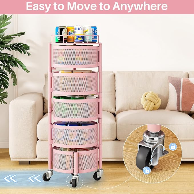 SNTD Fruit and Vegetable Basket Bowls for Kitchen with Metal Top Lid, 5 Tier Rotating Storage Rack Cart for Potato Onion Bread Banana, Wire Basket Organizer on Wheels, Large, Pink