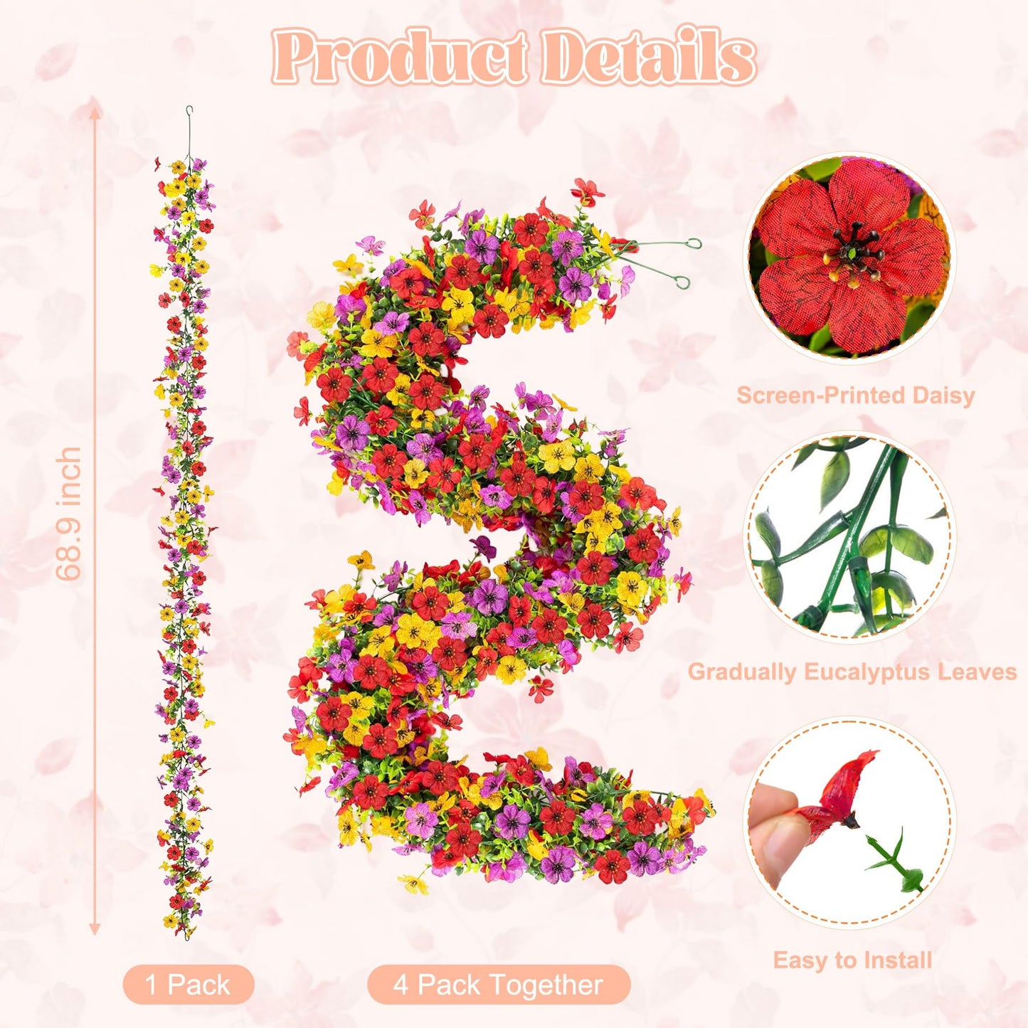 Artificial Flowers Garland Ivy, 4 Pack 5.9 FT Spring Summer Decor UV Resistant Fake Mums Floral Vine Silk Daisy Hanging Flower for Home Garden Wedding Decor Photo Booth Backdrop(Red purple yellow)
