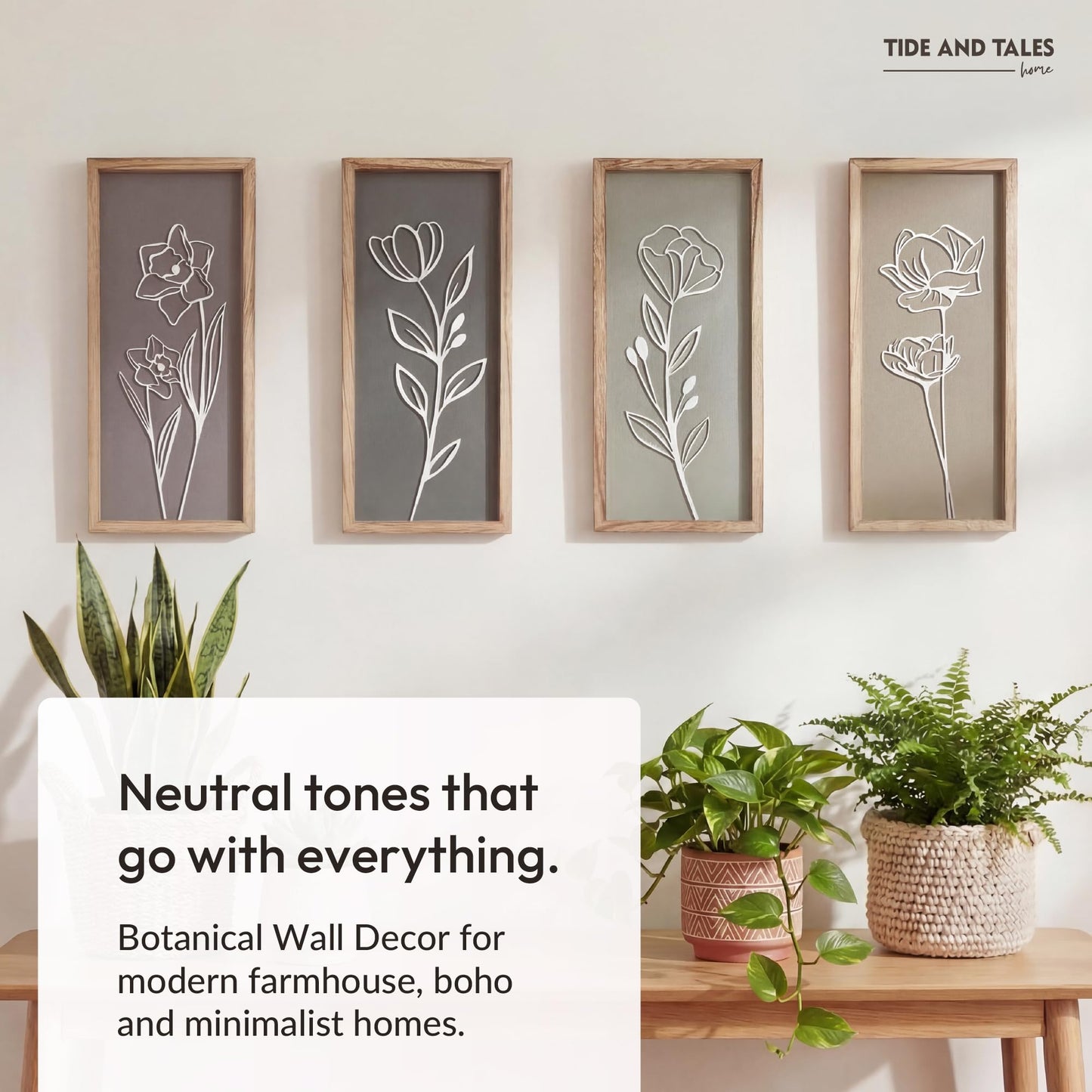 3D Wooden Floral Bathroom Wall Decor (Set of 4) Lightweight, Ready-to-Hang Framed Wall Art For Living Room, Bedroom, or Office - Premium Boho Botanical Farmhouse Decorations - Gift-Boxed