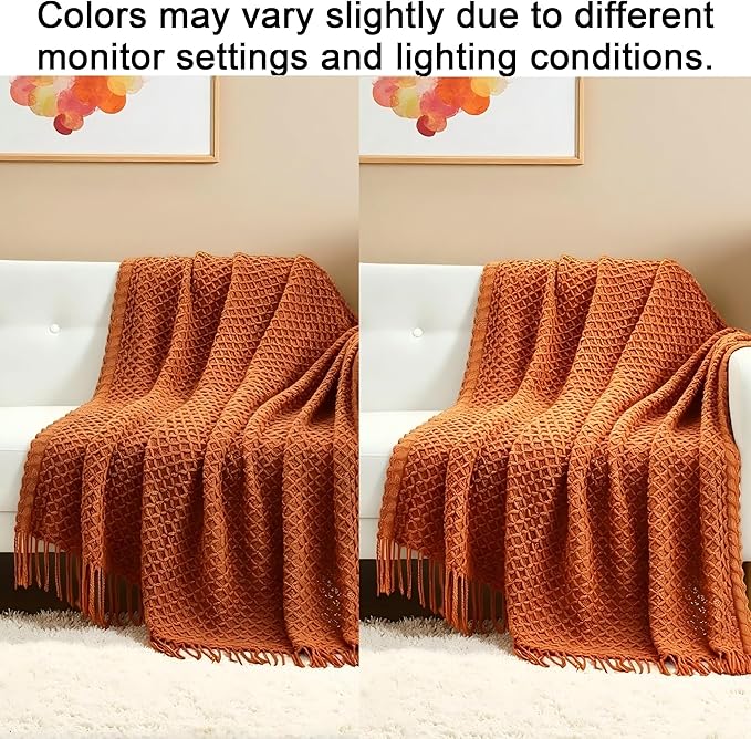 CREVENT Farmhouse Boho Knitted Throw Blanket for Couch Sofa Chair Bed Home Decoration, Soft Warm Cozy Light Weight for Spring Summer Fall (50''X60'' Caramel/Rust Burnt Orange)