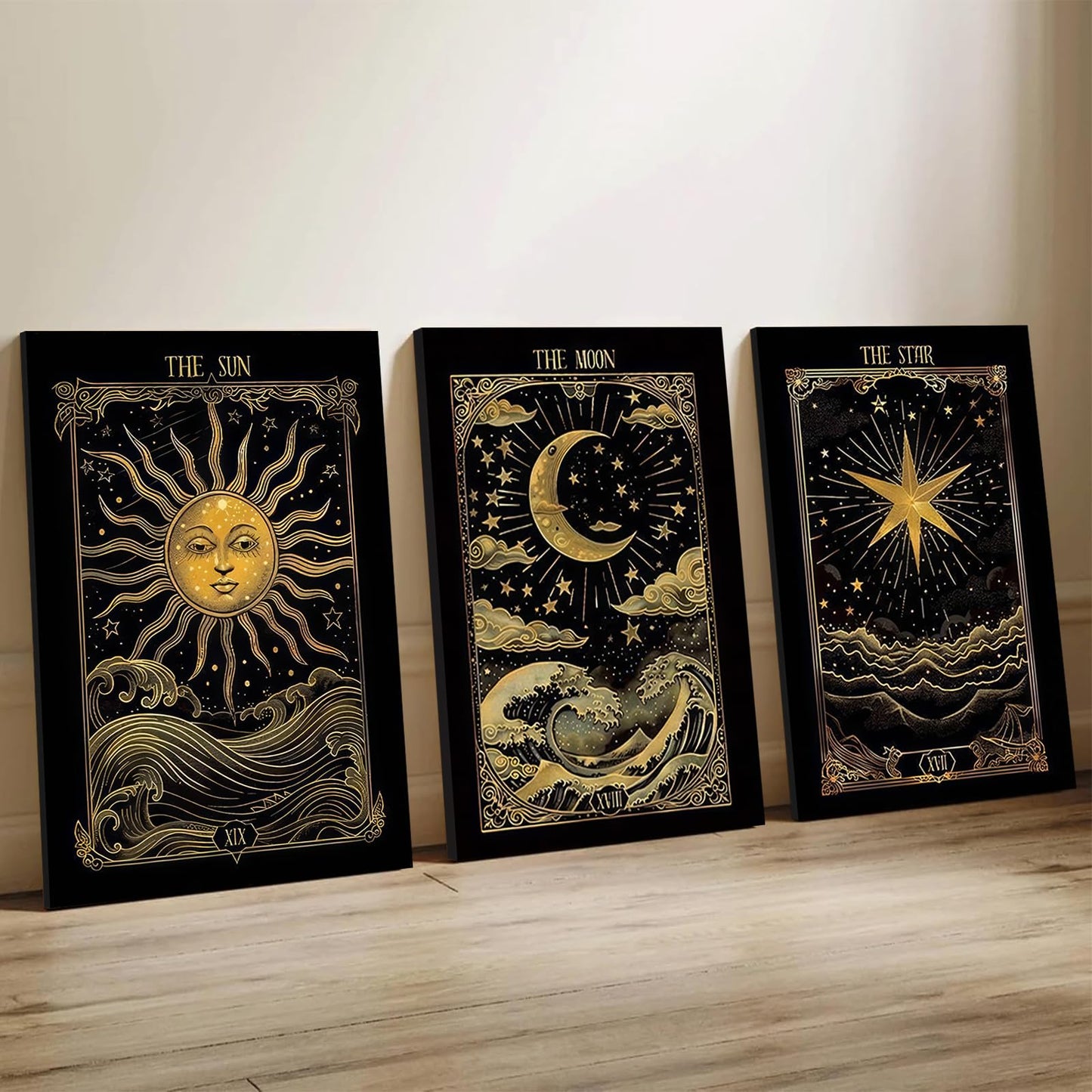 3Pcs Sun And Moon Celestial Canvas Wall Art Tarot Painting Picture Wall Decor astrology Poster Print Artwork for Bed Room Living Room Apartment Bath Room Study room Home Decoration